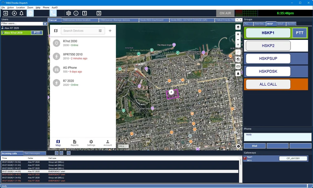 TRBOdispatch console with a live GPS/AVL map of tracked radios