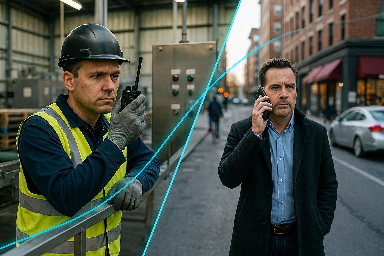 Field worker on a two-way radio connected to a caller on a smartphone through telephone interconnect