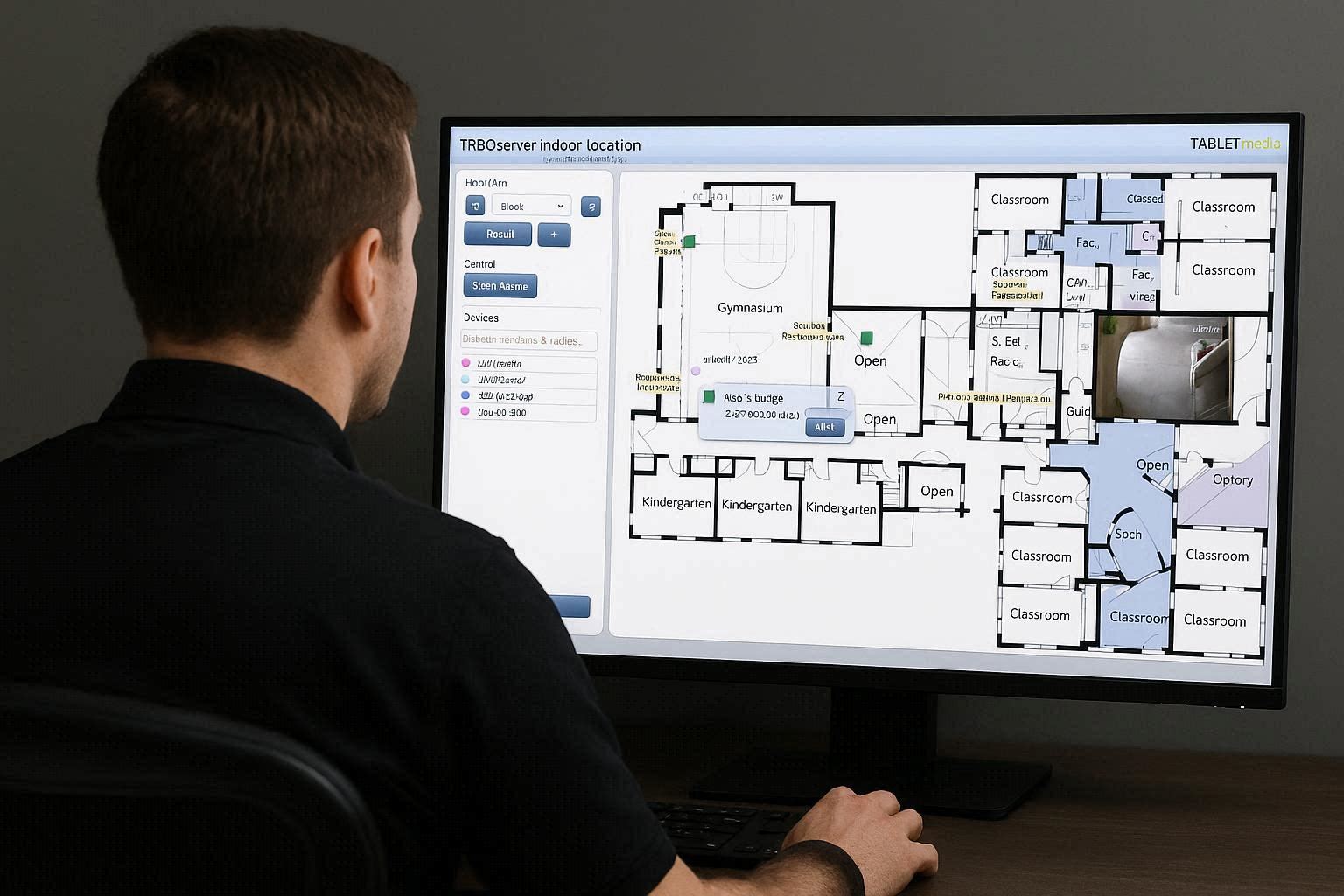 TRBOserver indoor-location floor plan showing people and devices by room