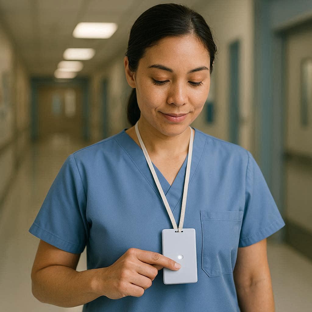 Nurse pressing a TRBOaware pendant badge in a hospital corridor